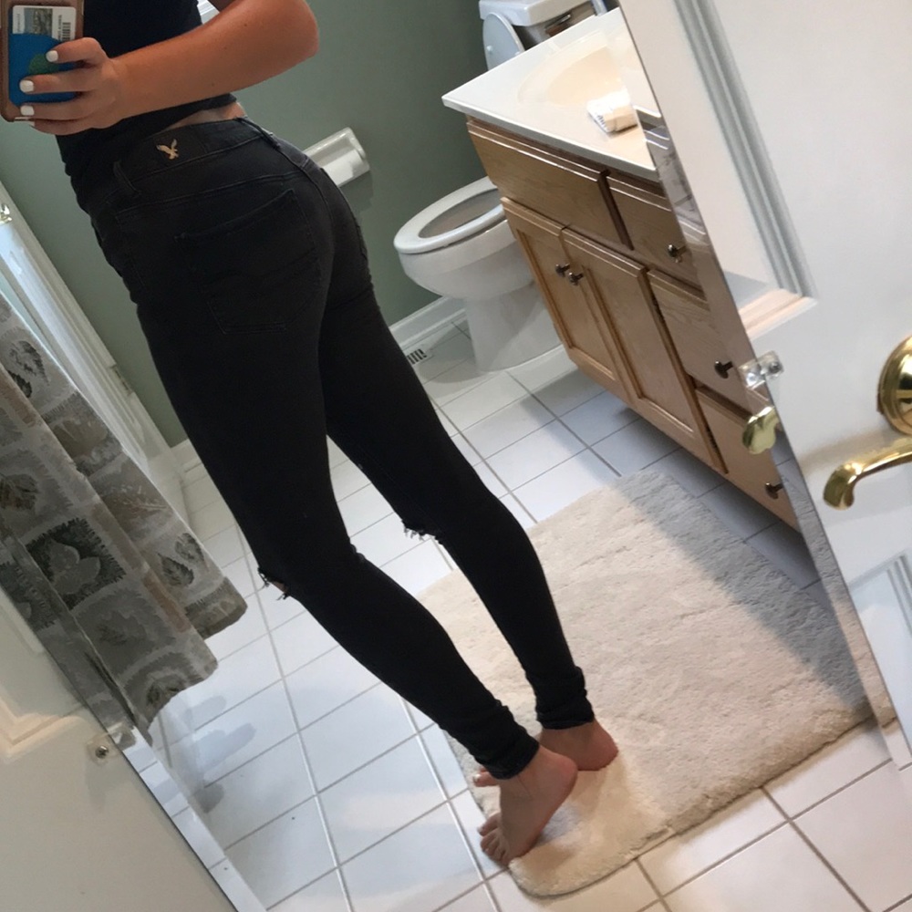 american eagle black skinny jeans, knee slit